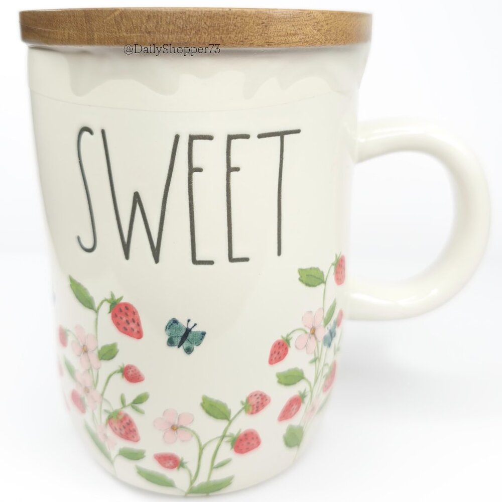 Rae Dunn "Sweet" White Strawberry Watercolor Ceramic Coffee Mug With Lid